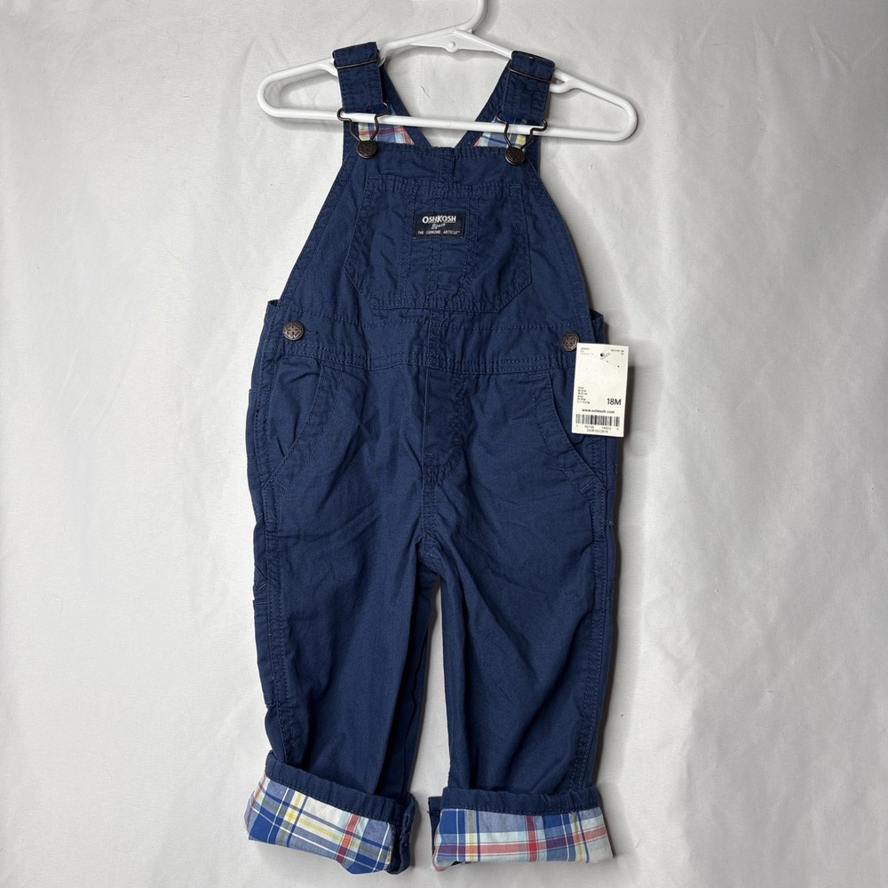 Oshkosh B'gosh Baby Boy Bib Overall Pants Size 18 Months Navy Blue Plaid NEW